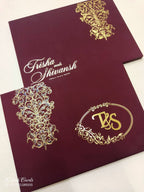 KLB711 Floral Design Maroon Color Laser Cut Embossed Hardboard Padding Thick Wedding Card (2 Page & Couple Initial Acrylic)