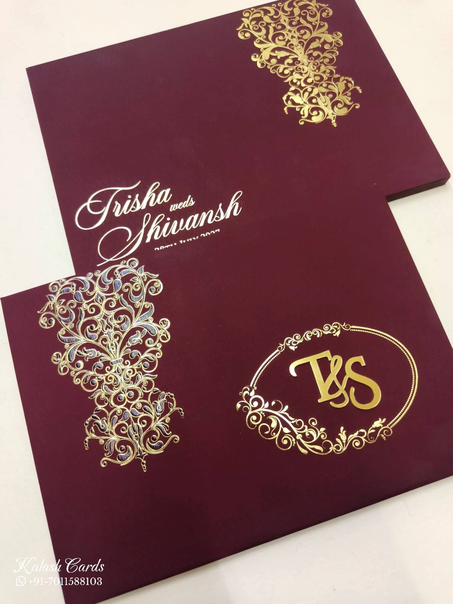 KLB711 Floral Design Maroon Color Laser Cut Embossed Hardboard Padding Thick Wedding Card (2 Page & Couple Initial Acrylic)