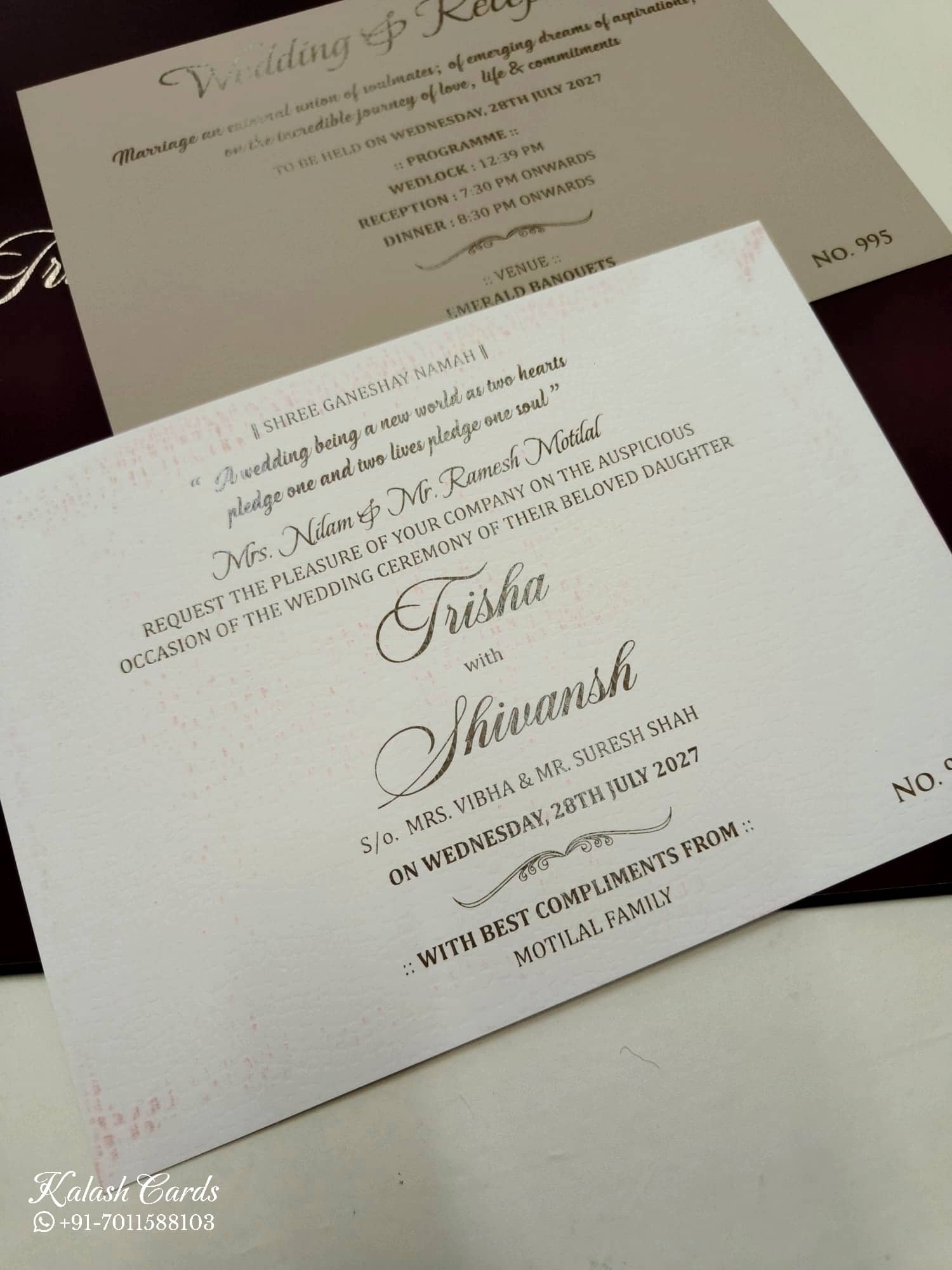 KLB711 Floral Design Maroon Color Laser Cut Embossed Hardboard Padding Thick Wedding Card (2 Page & Couple Initial Acrylic)