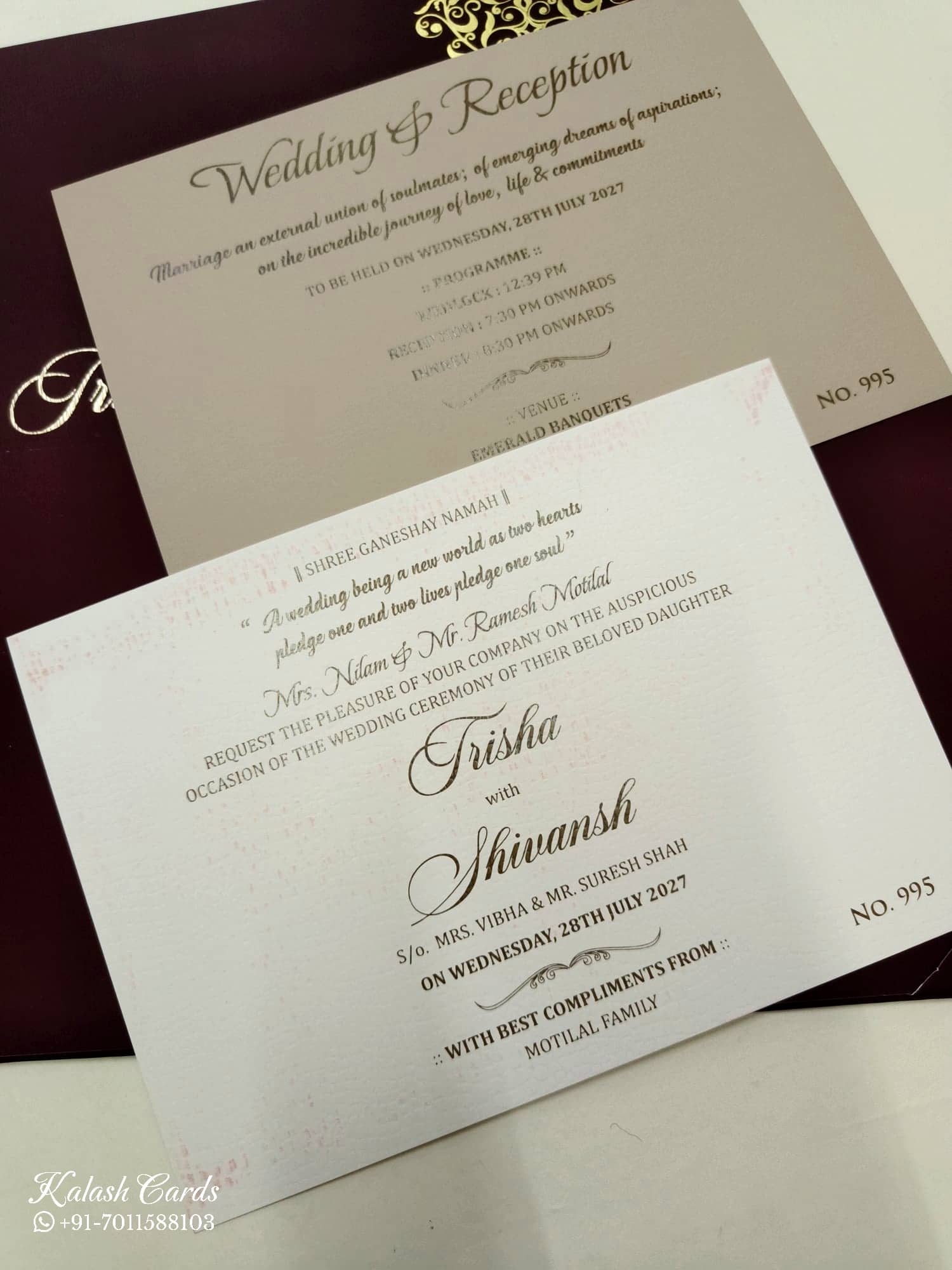 KLB711 Floral Design Maroon Color Laser Cut Embossed Hardboard Padding Thick Wedding Card (2 Page & Couple Initial Acrylic)