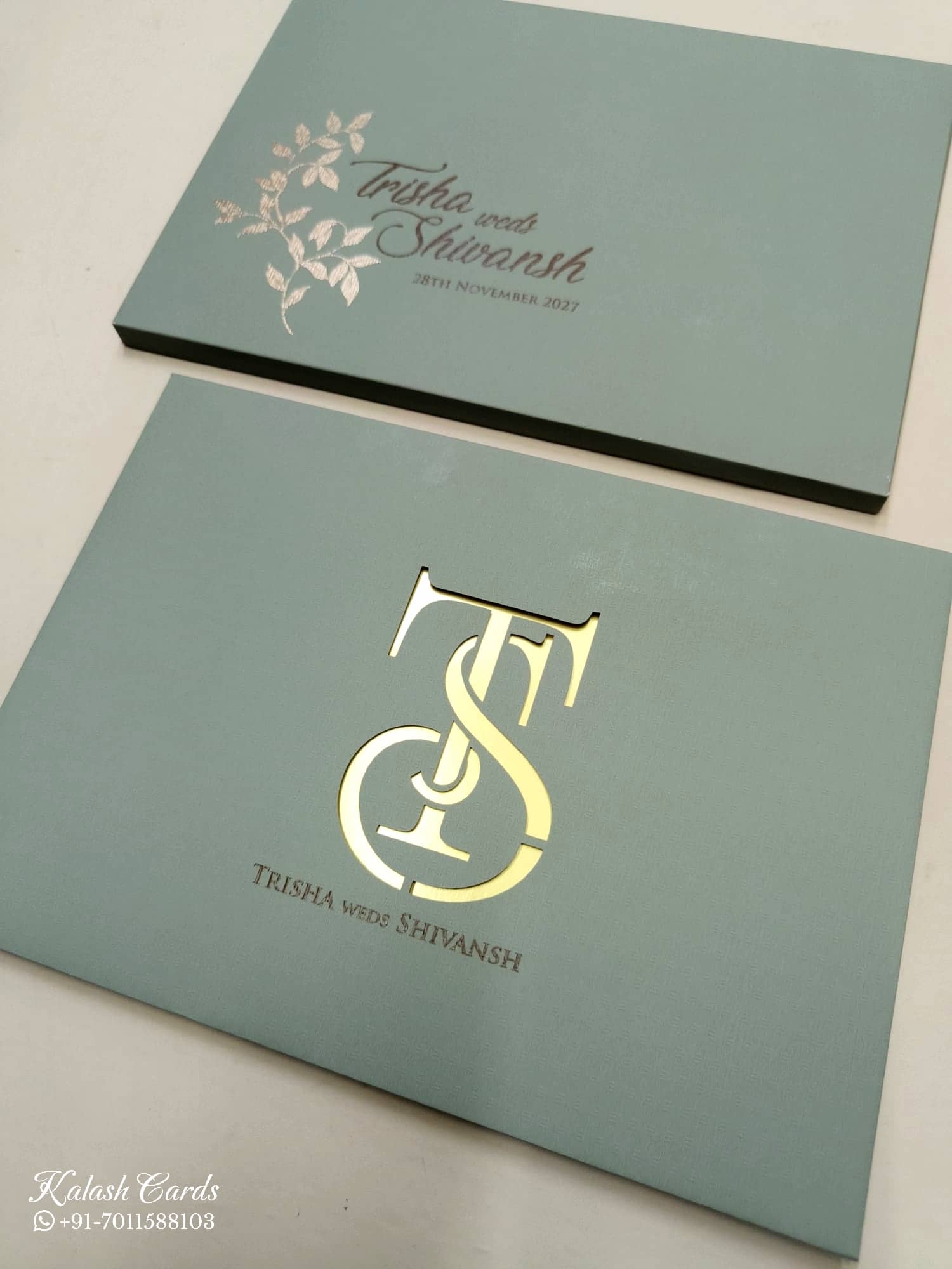 KLB713 Green Grey Golden Color Laser Cut Leatherette Hardboard Padding Thick Wedding Card (2 Page)
