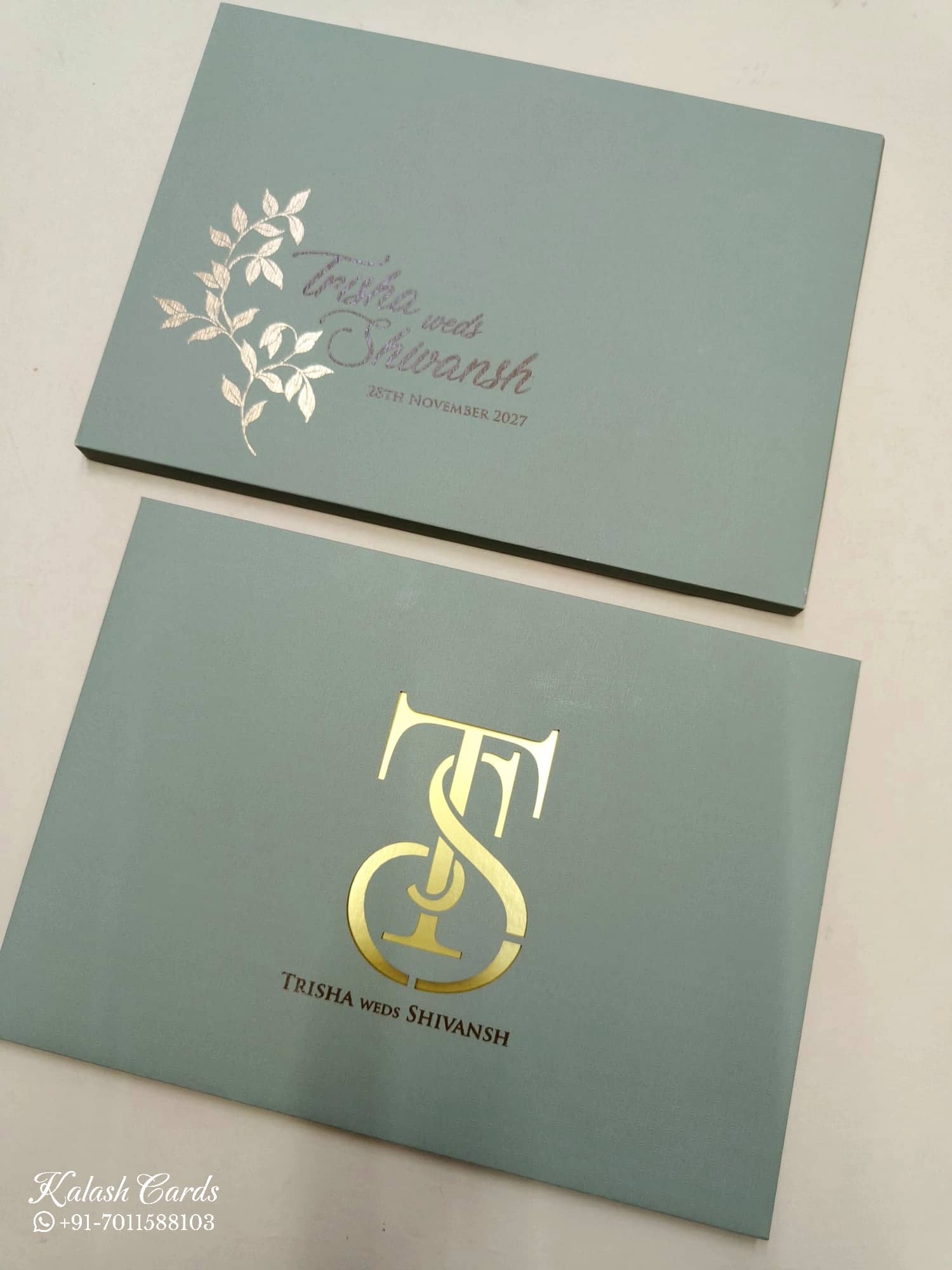 KLB713 Green Grey Golden Color Laser Cut Leatherette Hardboard Padding Thick Wedding Card (2 Page)