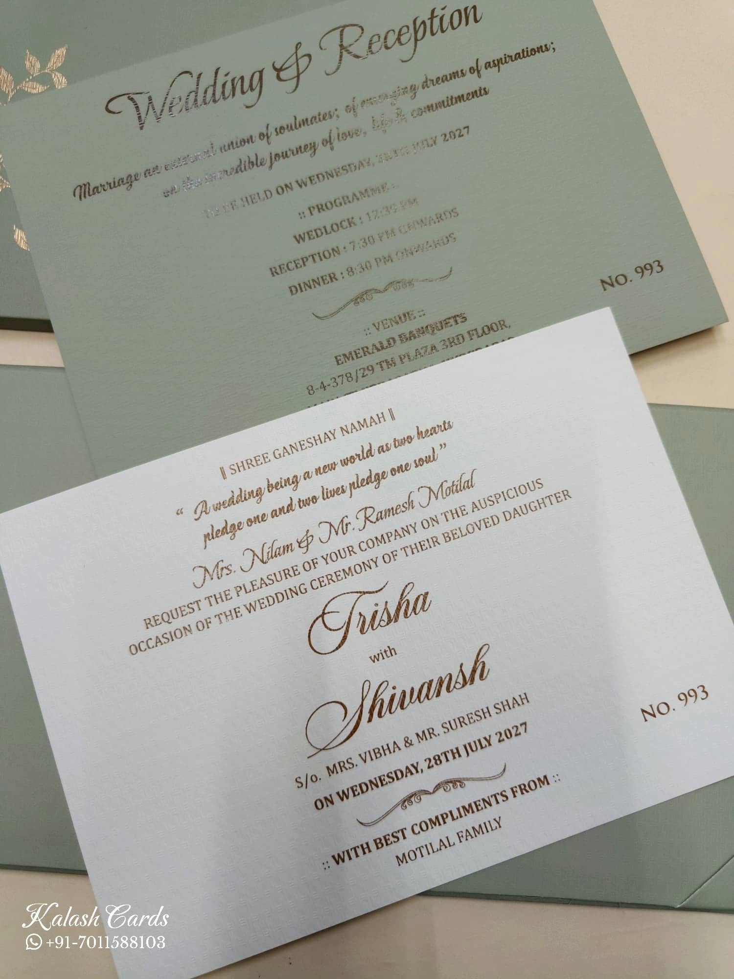 KLB713 Green Grey Golden Color Laser Cut Leatherette Hardboard Padding Thick Wedding Card (2 Page)