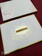 KLB714 Floral Design White Golden Color Hardboard Padding Thick Wedding Card (2 Page & Couple Name Acrylic)