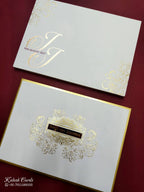 KLB714 Floral Design White Golden Color Hardboard Padding Thick Wedding Card (2 Page & Couple Name Acrylic)