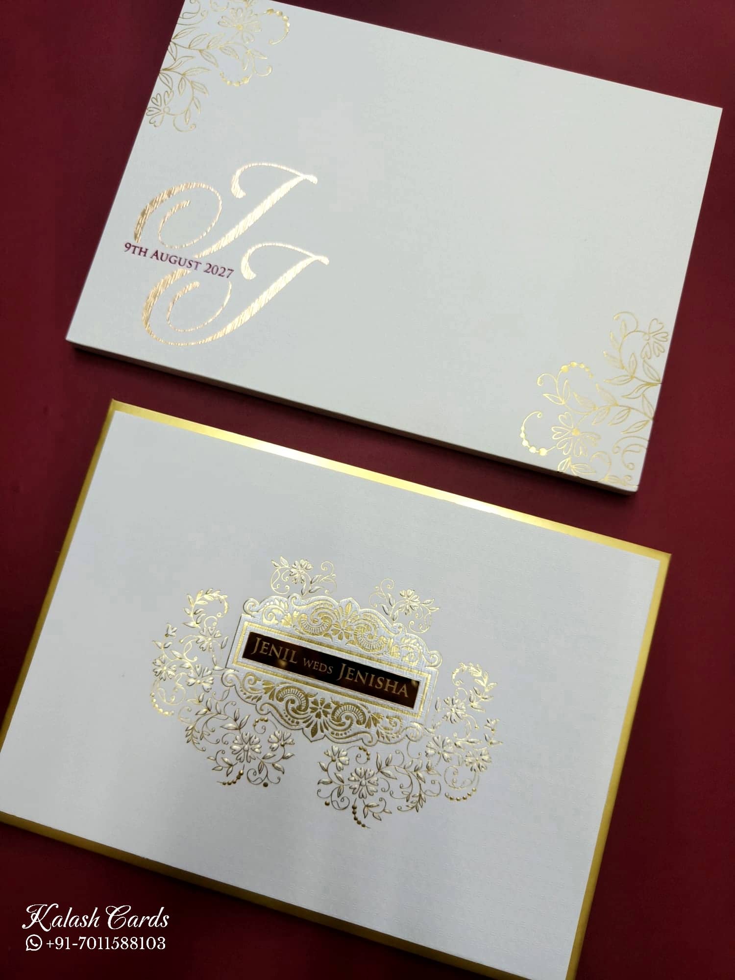 KLB714 Floral Design White Golden Color Hardboard Padding Thick Wedding Card (2 Page & Couple Name Acrylic)
