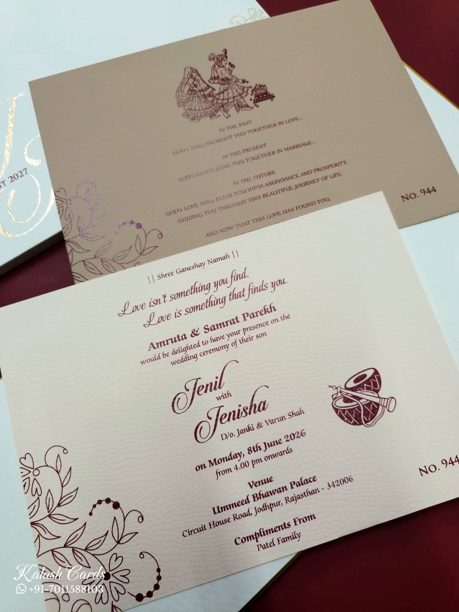 KLB714 Floral Design White Golden Color Hardboard Padding Thick Wedding Card (2 Page & Couple Name Acrylic)