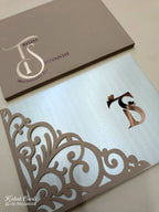 KLB715 Floral Design White Brown Color Laser Cut Leatherette Hardboard Padding Thick Wedding Card (2 Page & Couple Initial Acrylic)