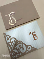 KLB715 Floral Design White Brown Color Laser Cut Leatherette Hardboard Padding Thick Wedding Card (2 Page & Couple Initial Acrylic)
