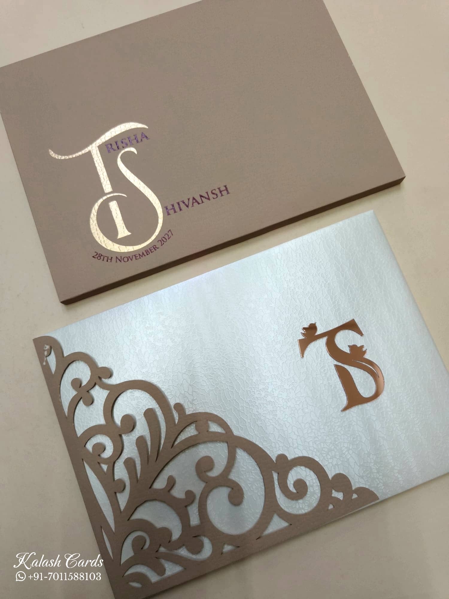 KLB715 Floral Design White Brown Color Laser Cut Leatherette Hardboard Padding Thick Wedding Card (2 Page & Couple Initial Acrylic)