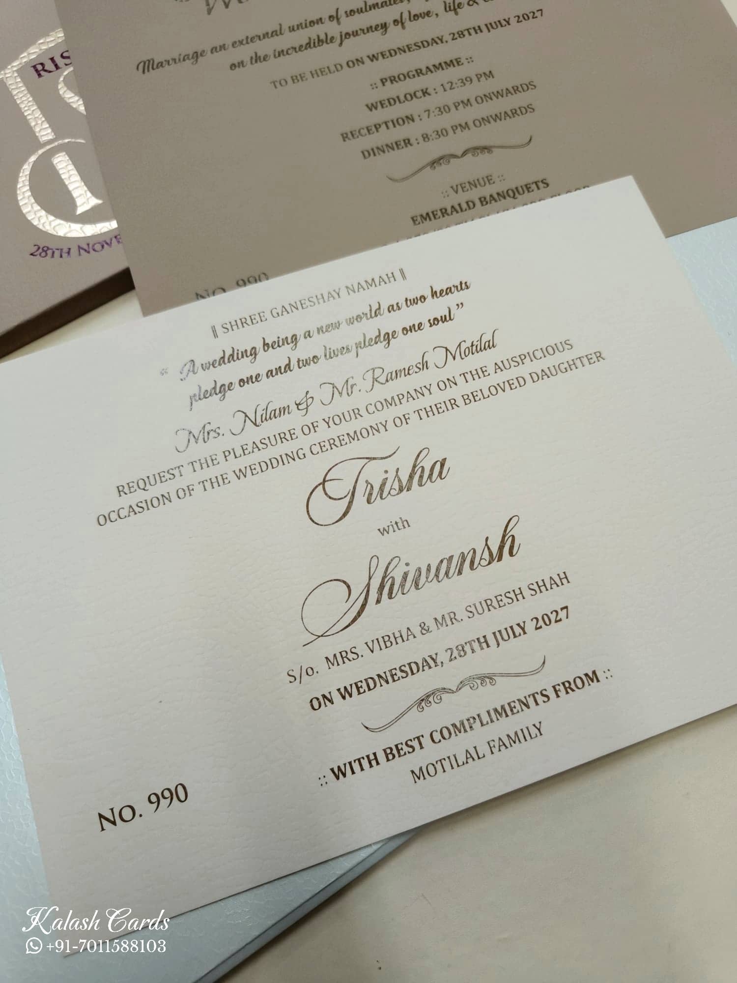 KLB715 Floral Design White Brown Color Laser Cut Leatherette Hardboard Padding Thick Wedding Card (2 Page & Couple Initial Acrylic)