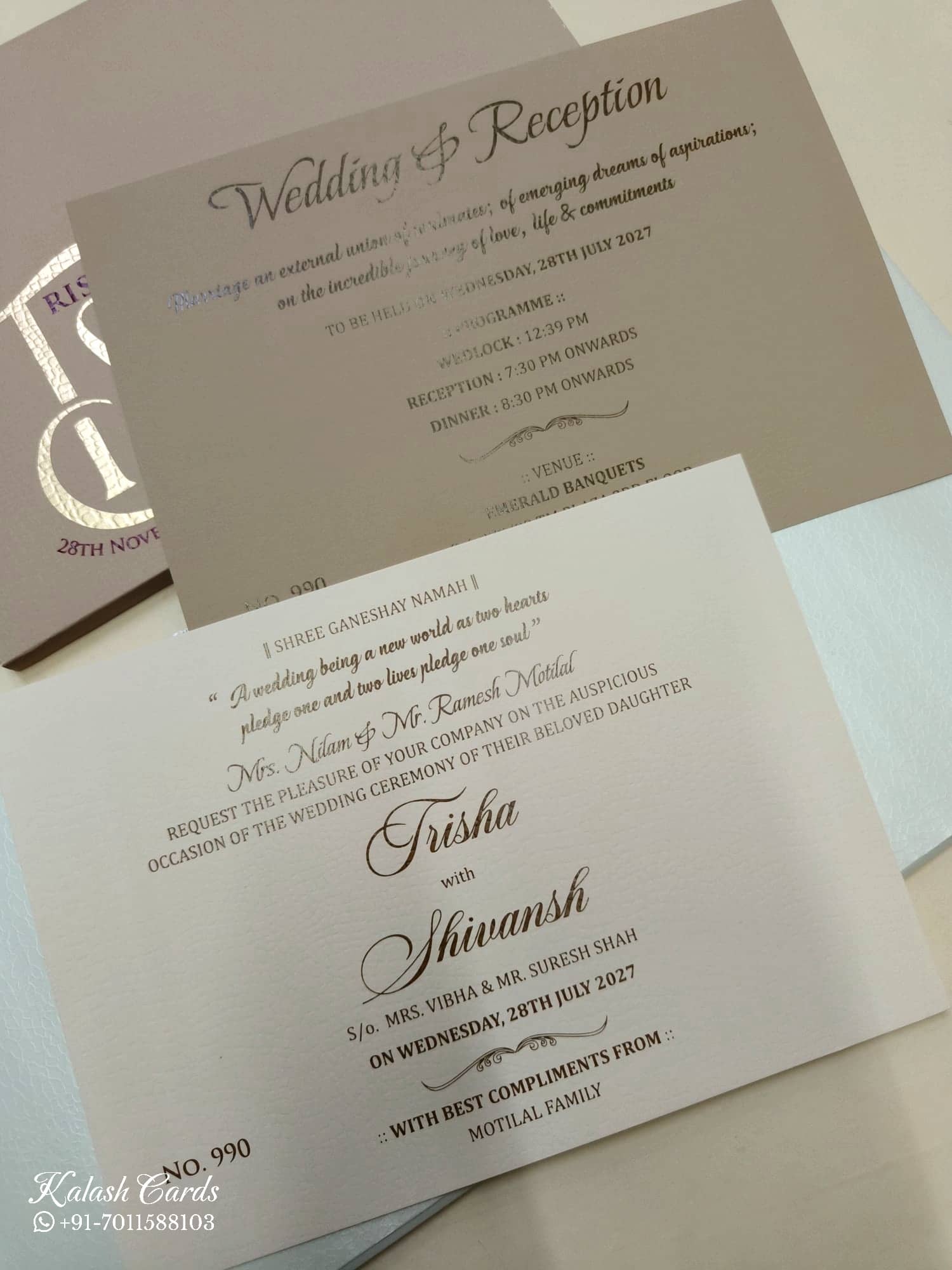 KLB715 Floral Design White Brown Color Laser Cut Leatherette Hardboard Padding Thick Wedding Card (2 Page & Couple Initial Acrylic)