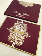 KLB717 Floral Traditional Design Maroon Golden Color Leatherette Double Door Style Hardboard Padding Thick Wedding Card (2 Page & Couple Name Acrylic)