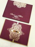 KLB717 Floral Traditional Design Maroon Golden Color Leatherette Double Door Style Hardboard Padding Thick Wedding Card (2 Page & Couple Name Acrylic)