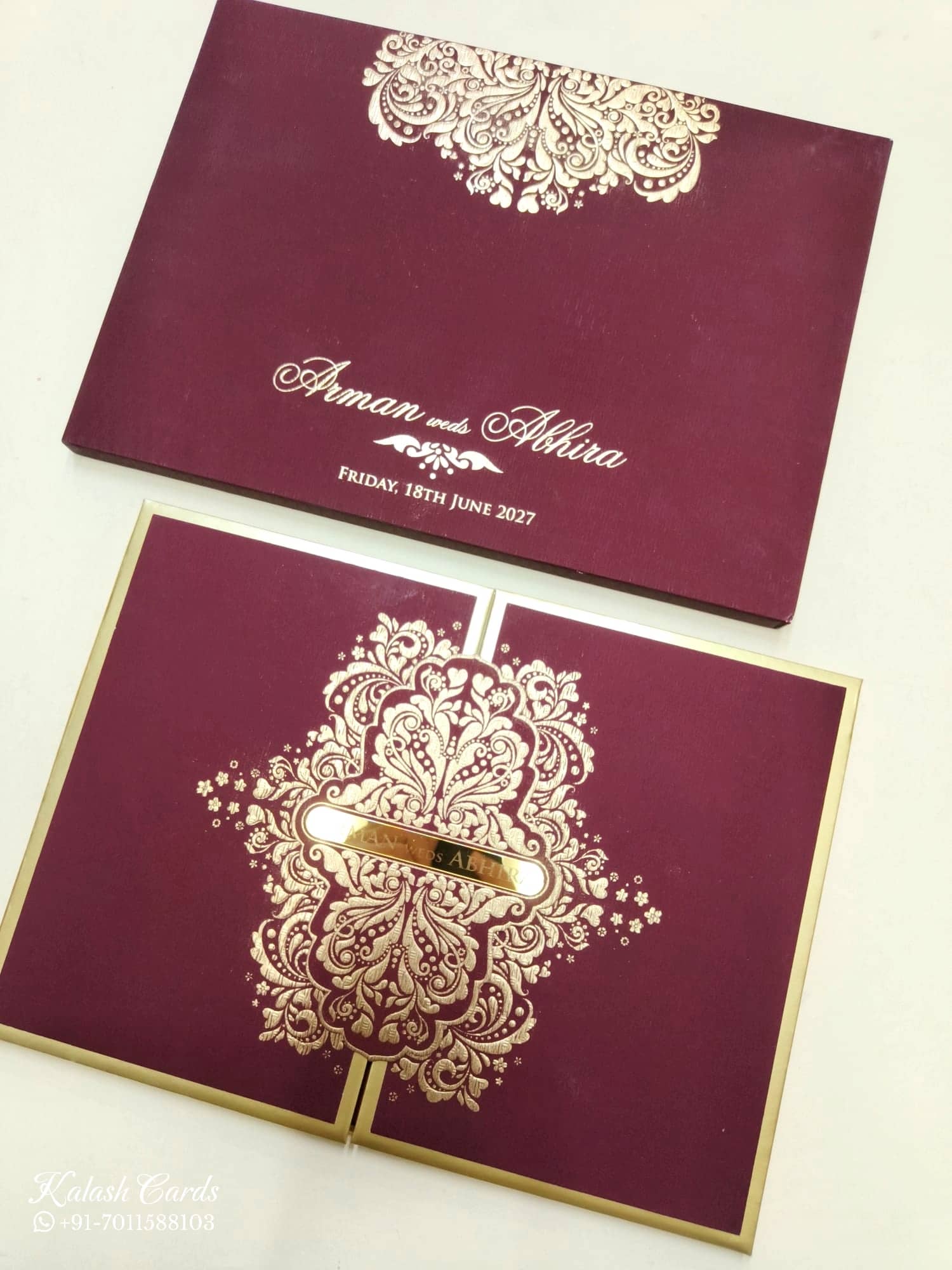 KLB717 Floral Traditional Design Maroon Golden Color Leatherette Double Door Style Hardboard Padding Thick Wedding Card (2 Page & Couple Name Acrylic)