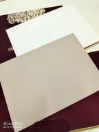 KLB717 Floral Traditional Design Maroon Golden Color Leatherette Double Door Style Hardboard Padding Thick Wedding Card (2 Page & Couple Name Acrylic)