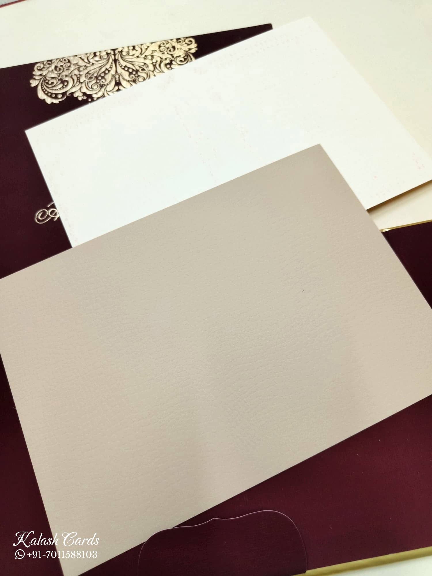 KLB717 Floral Traditional Design Maroon Golden Color Leatherette Double Door Style Hardboard Padding Thick Wedding Card (2 Page & Couple Name Acrylic)