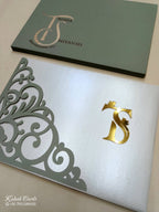 KLB718 Floral Design White Green Color Laser Cut Leatherette Hardboard Padding Thick Wedding Card (2 Page & Couple Initial Acrylic)