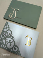 KLB718 Floral Design White Green Color Laser Cut Leatherette Hardboard Padding Thick Wedding Card (2 Page & Couple Initial Acrylic)