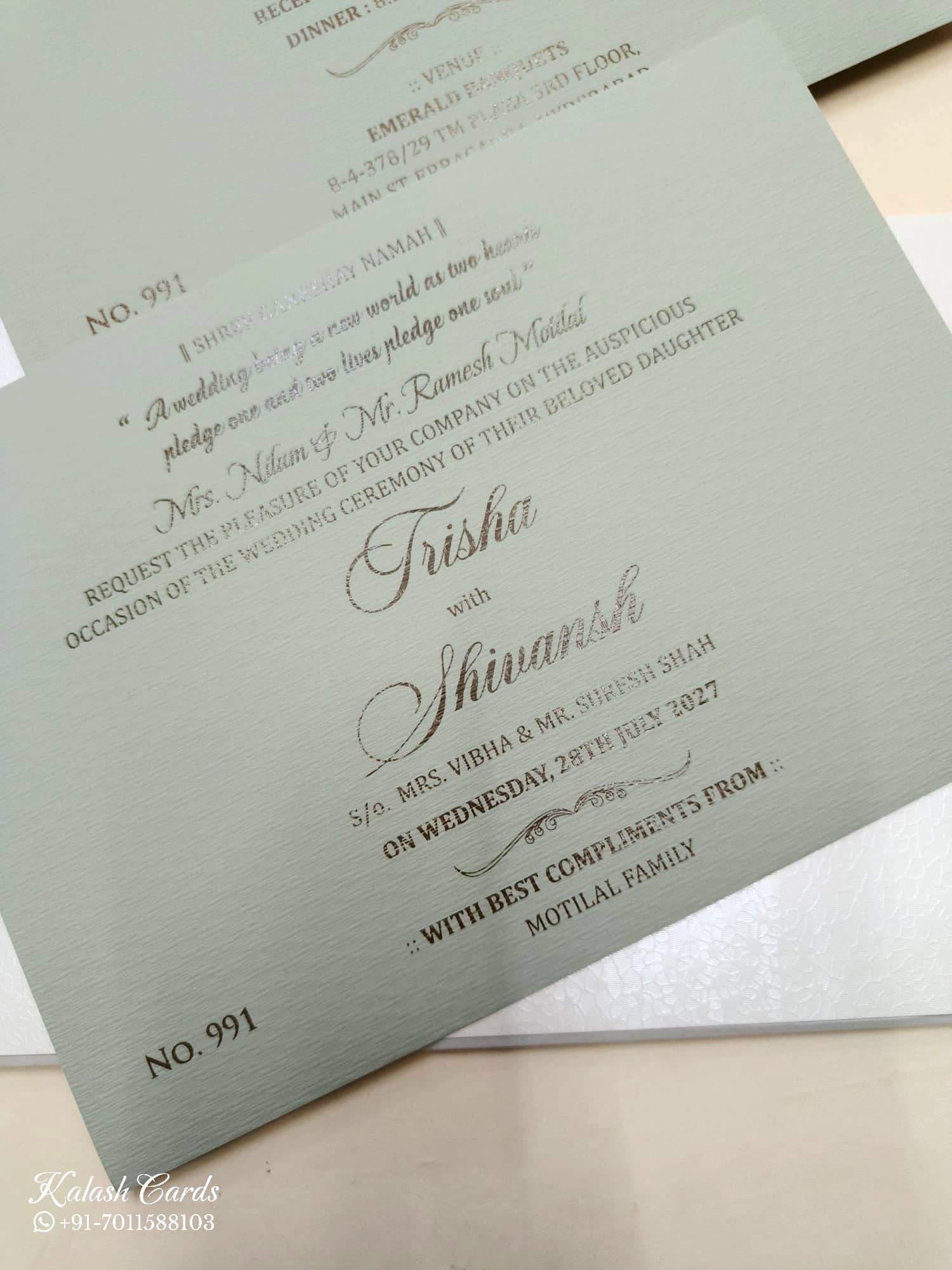 KLB718 Floral Design White Green Color Laser Cut Leatherette Hardboard Padding Thick Wedding Card (2 Page & Couple Initial Acrylic)