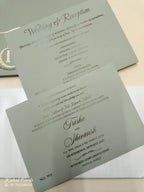 KLB718 Floral Design White Green Color Laser Cut Leatherette Hardboard Padding Thick Wedding Card (2 Page & Couple Initial Acrylic)