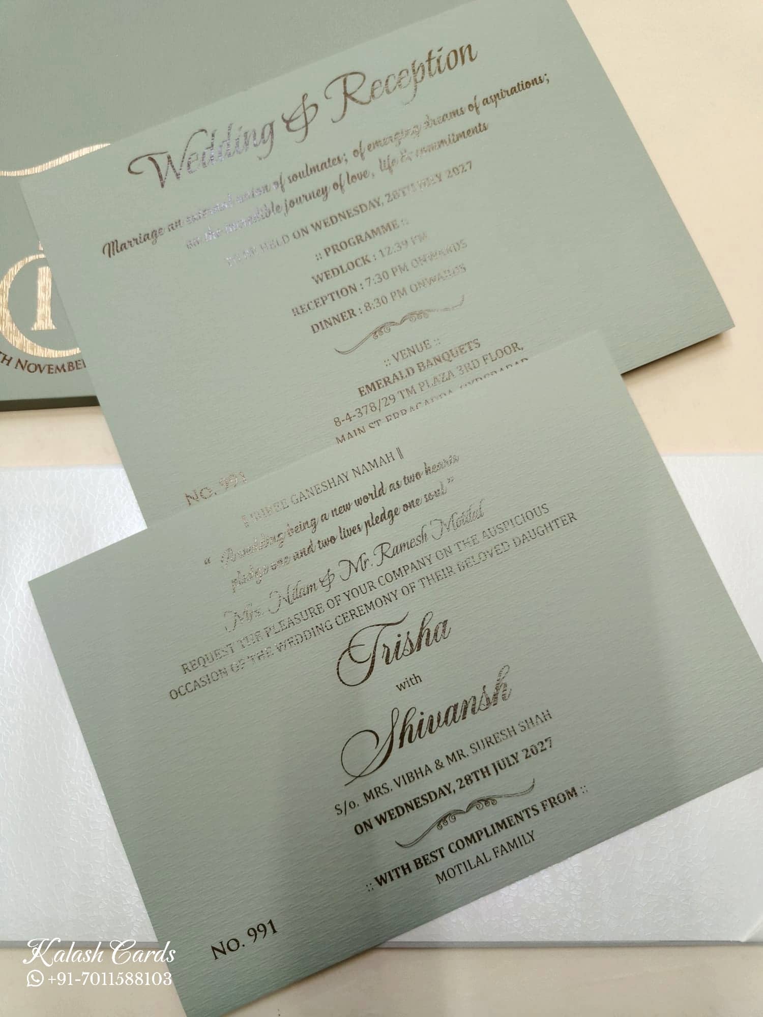 KLB718 Floral Design White Green Color Laser Cut Leatherette Hardboard Padding Thick Wedding Card (2 Page & Couple Initial Acrylic)