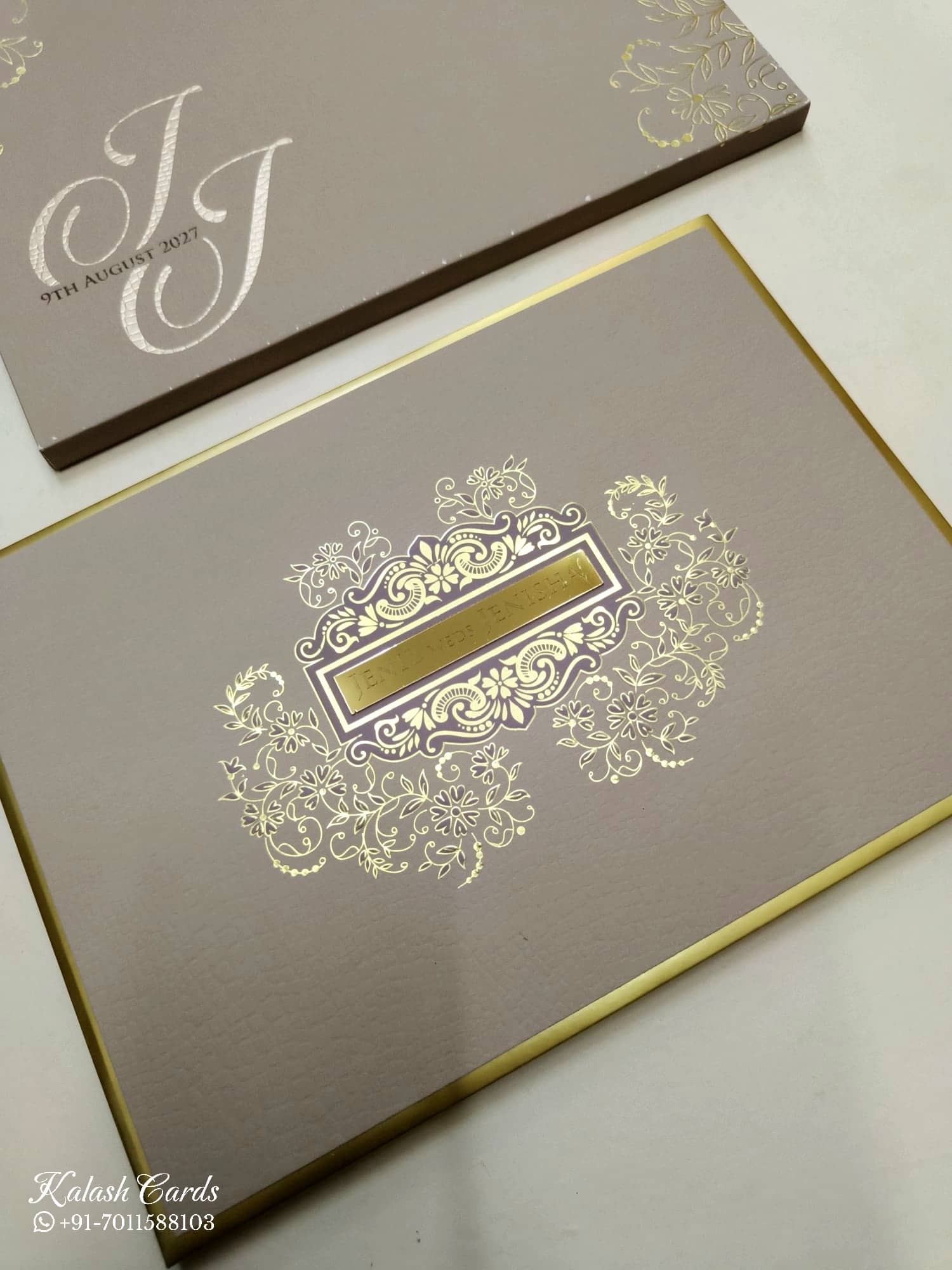 KLB719 Floral Design Brown Golden Color Leatherette Hardboard Padding Thick Wedding Card (2 Page & Couple Name Acrylic)
