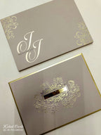 KLB719 Floral Design Brown Golden Color Leatherette Hardboard Padding Thick Wedding Card (2 Page & Couple Name Acrylic)