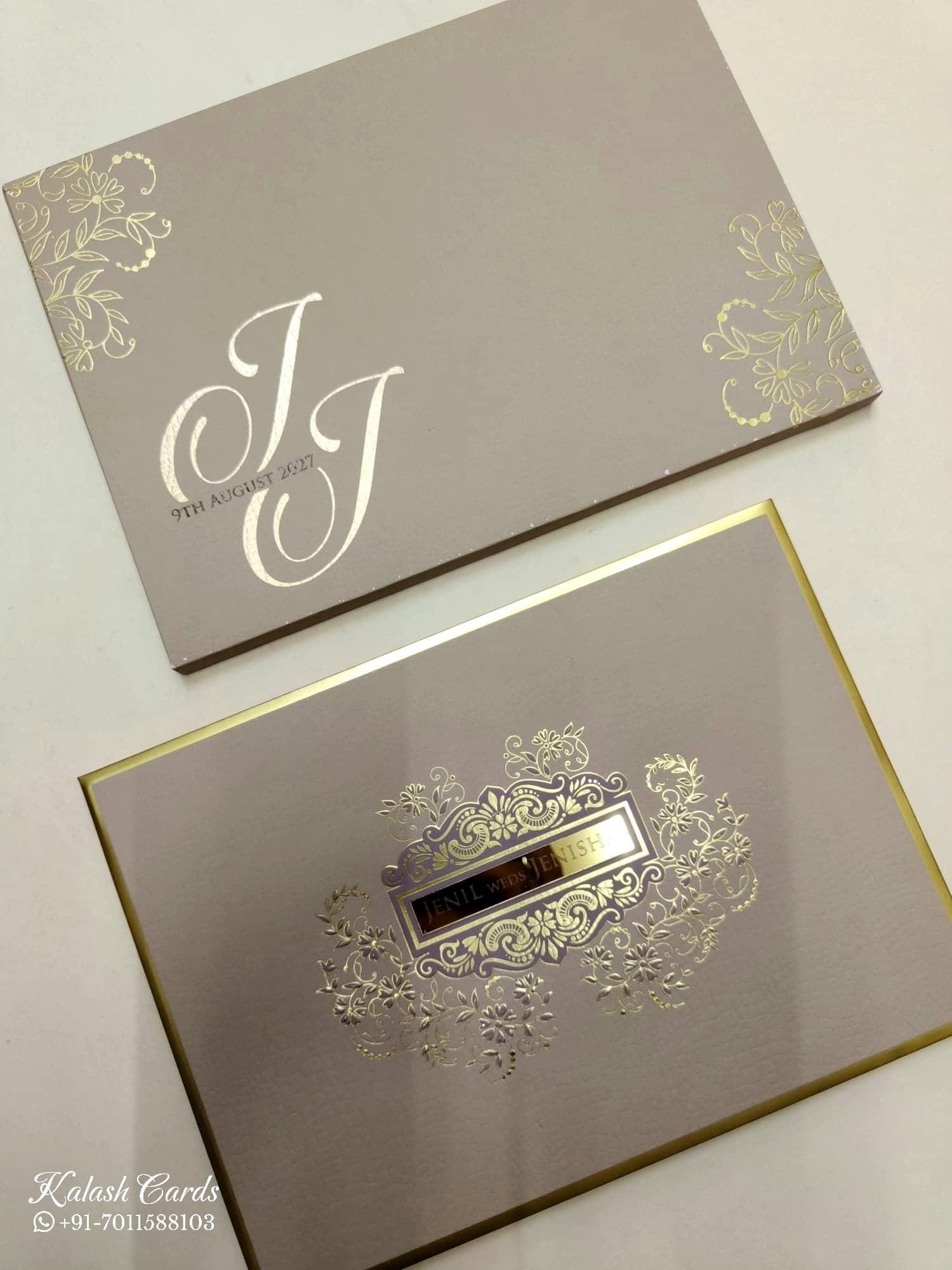 KLB719 Floral Design Brown Golden Color Leatherette Hardboard Padding Thick Wedding Card (2 Page & Couple Name Acrylic)