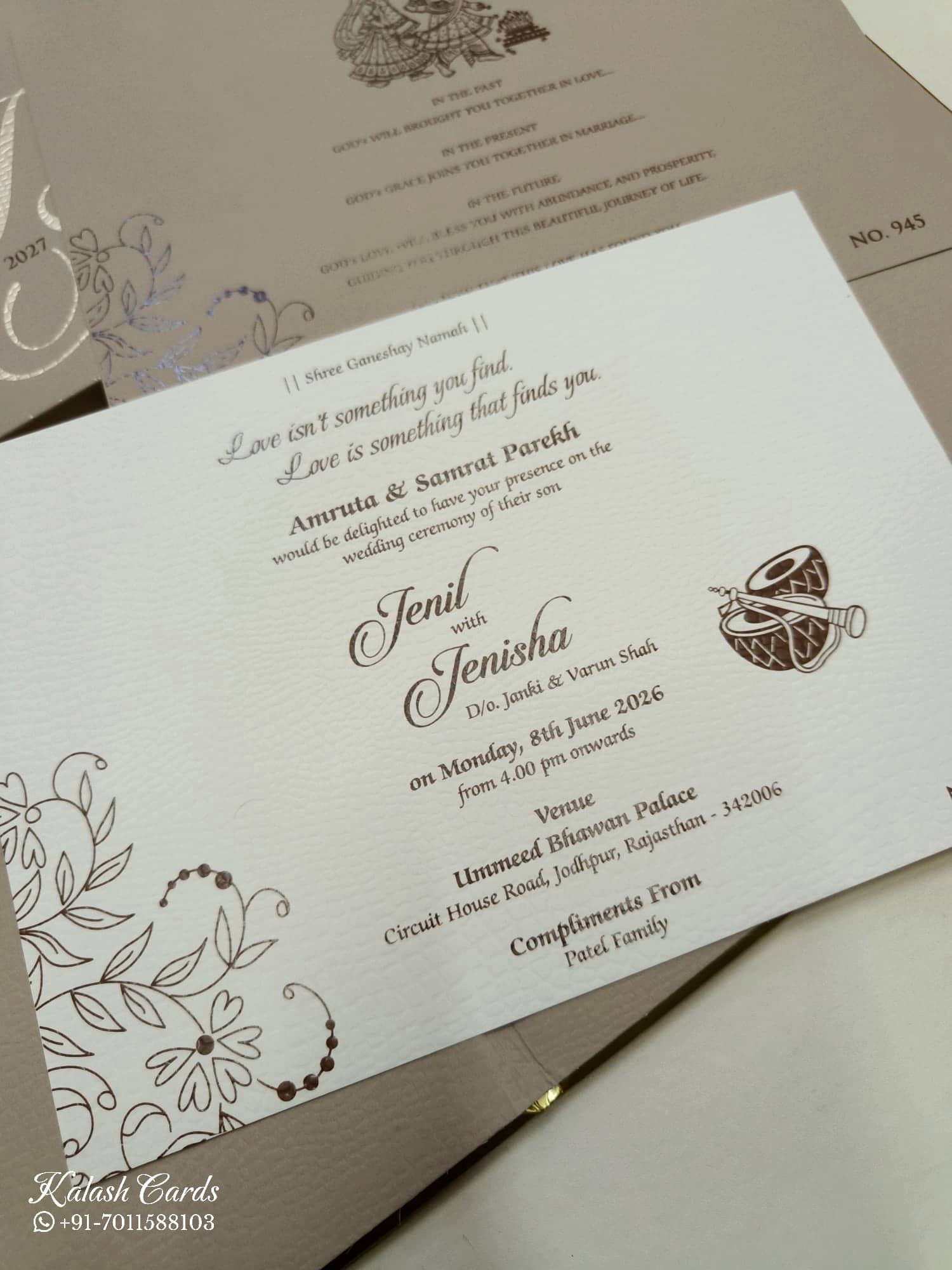 KLB719 Floral Design Brown Golden Color Leatherette Hardboard Padding Thick Wedding Card (2 Page & Couple Name Acrylic)