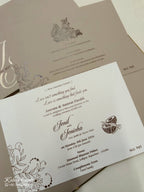 KLB719 Floral Design Brown Golden Color Leatherette Hardboard Padding Thick Wedding Card (2 Page & Couple Name Acrylic)