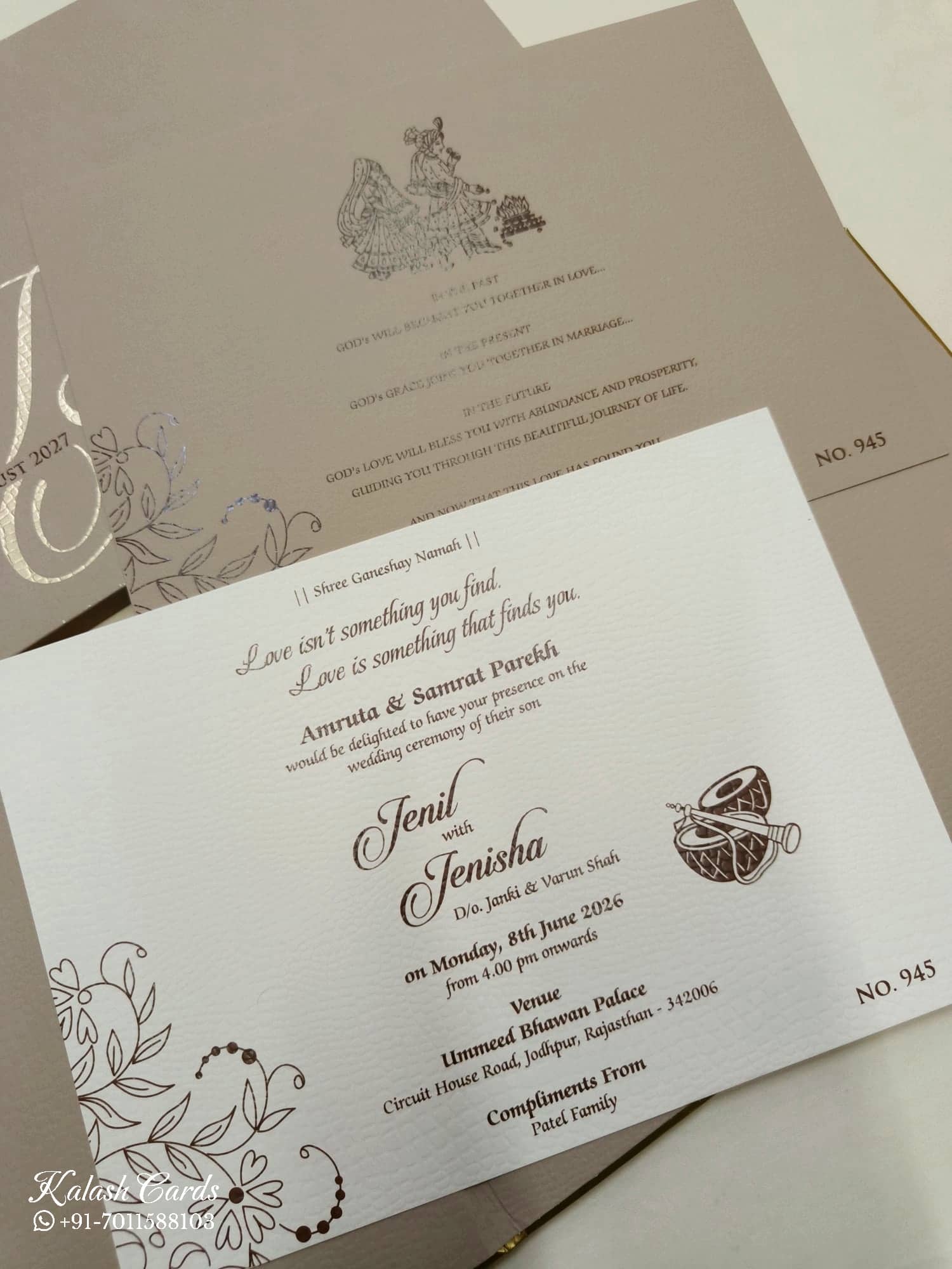 KLB719 Floral Design Brown Golden Color Leatherette Hardboard Padding Thick Wedding Card (2 Page & Couple Name Acrylic)