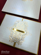 KLB720 Floral Design White Golden Color Embossed Hardboard Padding Thick Wedding Card (2 Page & Couple Name Acrylic)