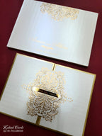 KLB720 Floral Design White Golden Color Embossed Hardboard Padding Thick Wedding Card (2 Page & Couple Name Acrylic)