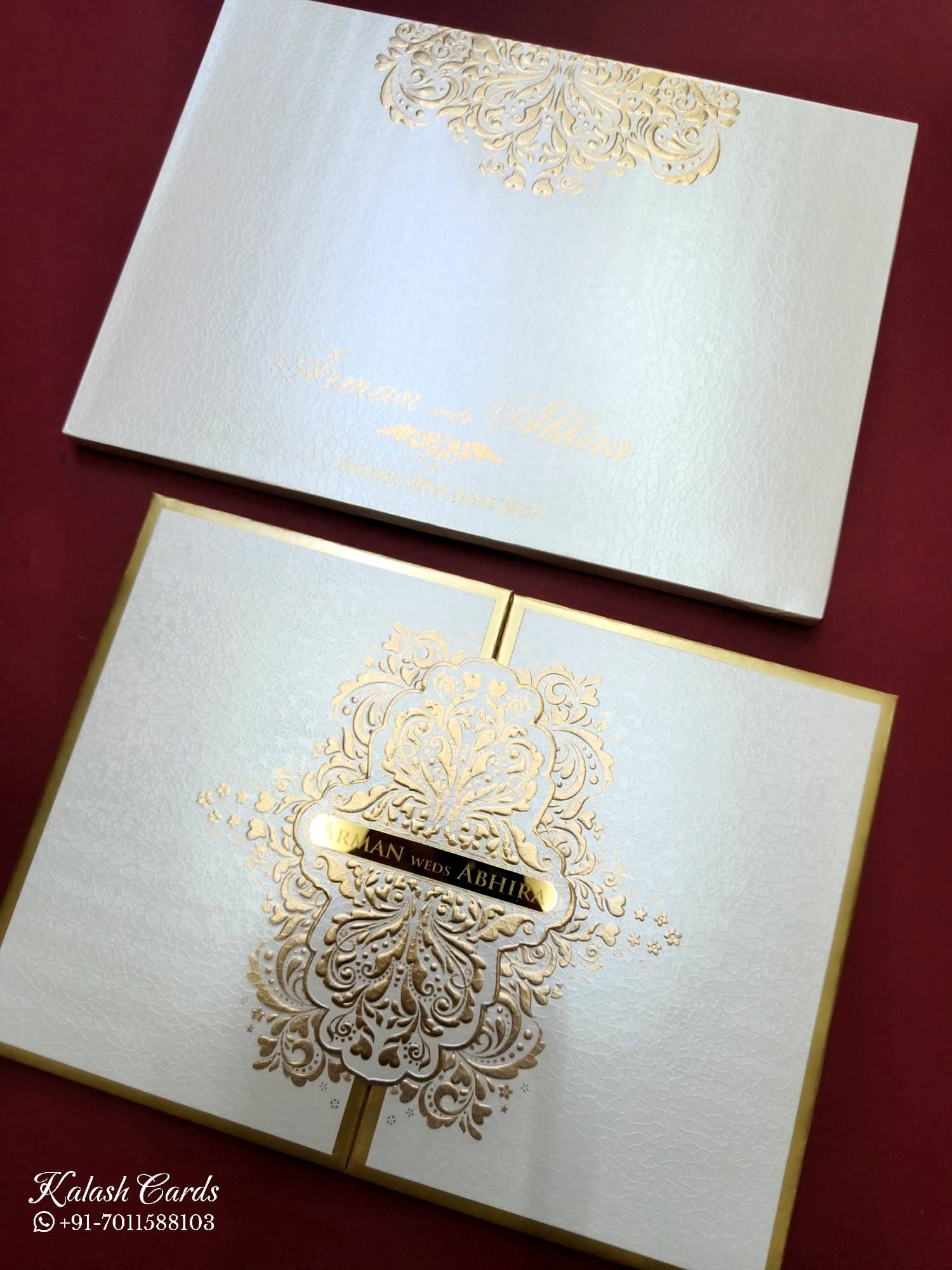 KLB720 Floral Design White Golden Color Embossed Hardboard Padding Thick Wedding Card (2 Page & Couple Name Acrylic)