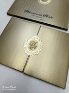 KLB721 Traditional Design Golden Color Double Door Style Hardboard Padding Thick Wedding Card (2 Page & Couple Initial Acrylic)