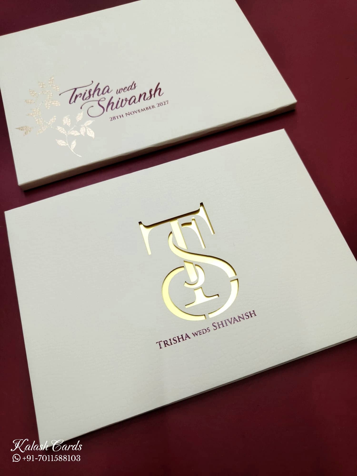 KLB722 White Color Laser Cut Leatherette Hardboard Padding Thick Wedding Card (2 Page)