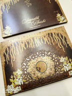 KLB723 Floral Design Brown Golden Color Laser Cut Embossed Hardboard Padding Thick Wedding Card (2 Page & Couple Initial Acrylic)