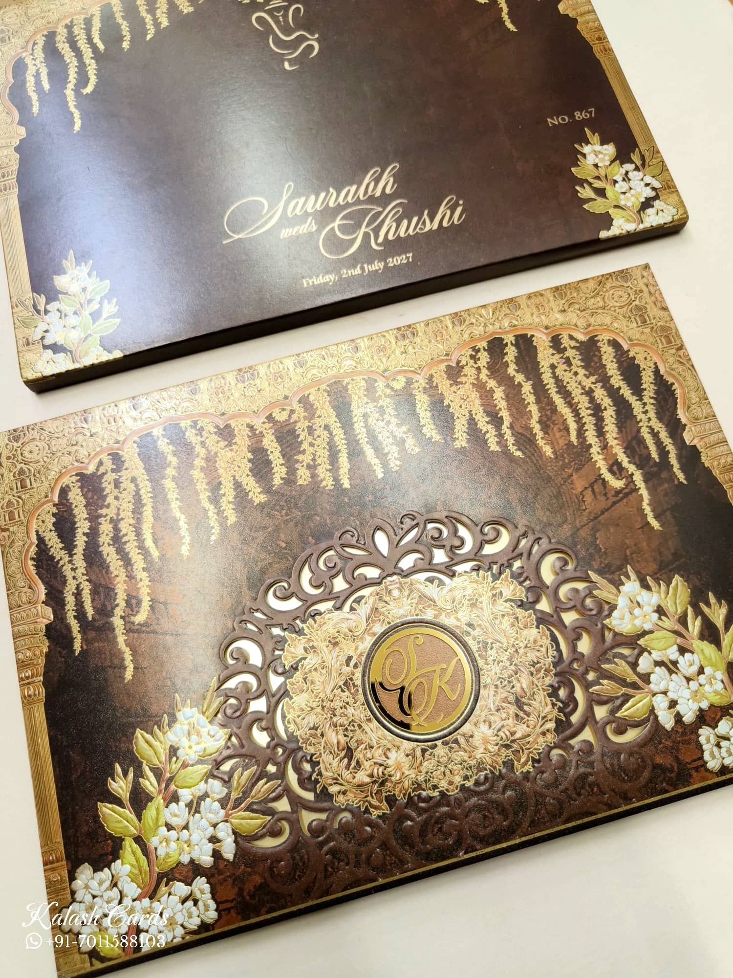 KLB723 Floral Design Brown Golden Color Laser Cut Embossed Hardboard Padding Thick Wedding Card (2 Page & Couple Initial Acrylic)