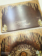 KLB723 Floral Design Brown Golden Color Laser Cut Embossed Hardboard Padding Thick Wedding Card (2 Page & Couple Initial Acrylic)