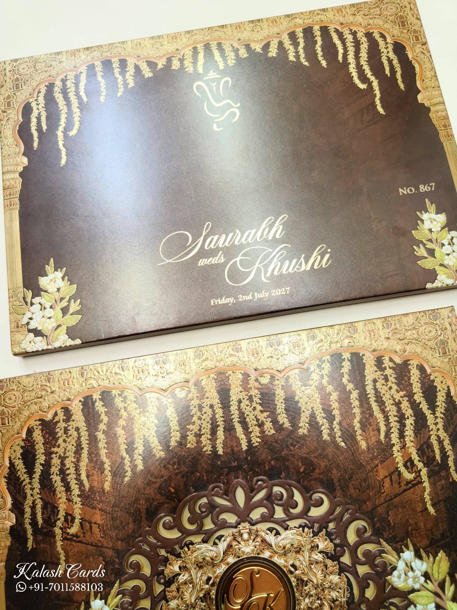 KLB723 Floral Design Brown Golden Color Laser Cut Embossed Hardboard Padding Thick Wedding Card (2 Page & Couple Initial Acrylic)