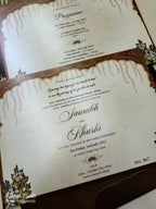 KLB723 Floral Design Brown Golden Color Laser Cut Embossed Hardboard Padding Thick Wedding Card (2 Page & Couple Initial Acrylic)