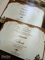 KLB723 Floral Design Brown Golden Color Laser Cut Embossed Hardboard Padding Thick Wedding Card (2 Page & Couple Initial Acrylic)