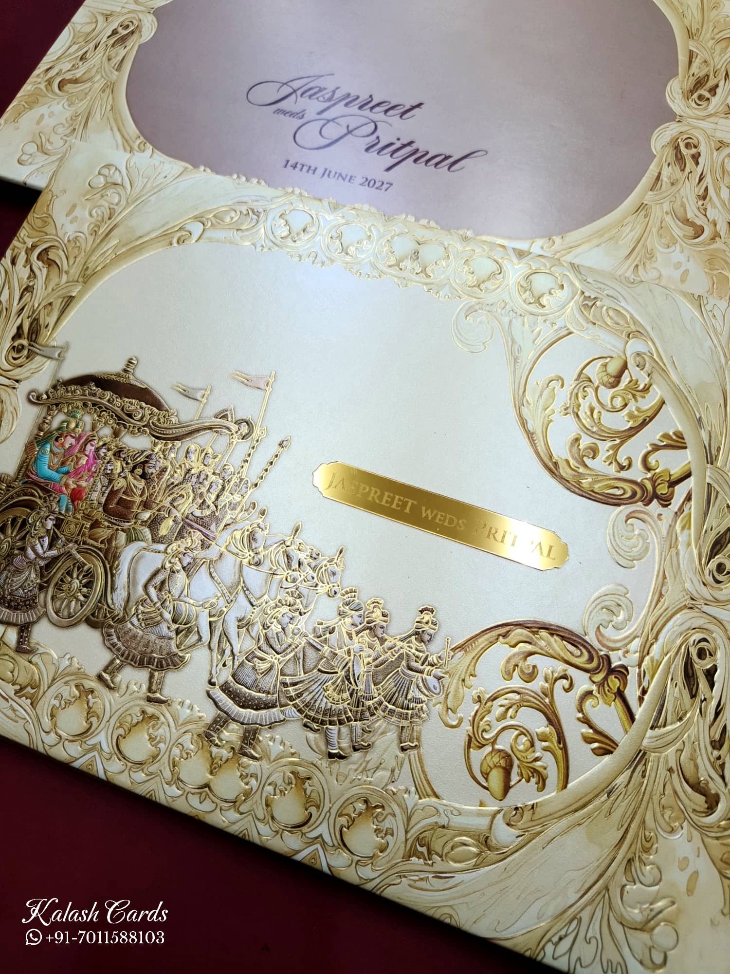KLB724 Barat Traditional Design Creme Color Embossed Hardboard Padding Thick Wedding Card (2 Page & Couple Name Acrylic)