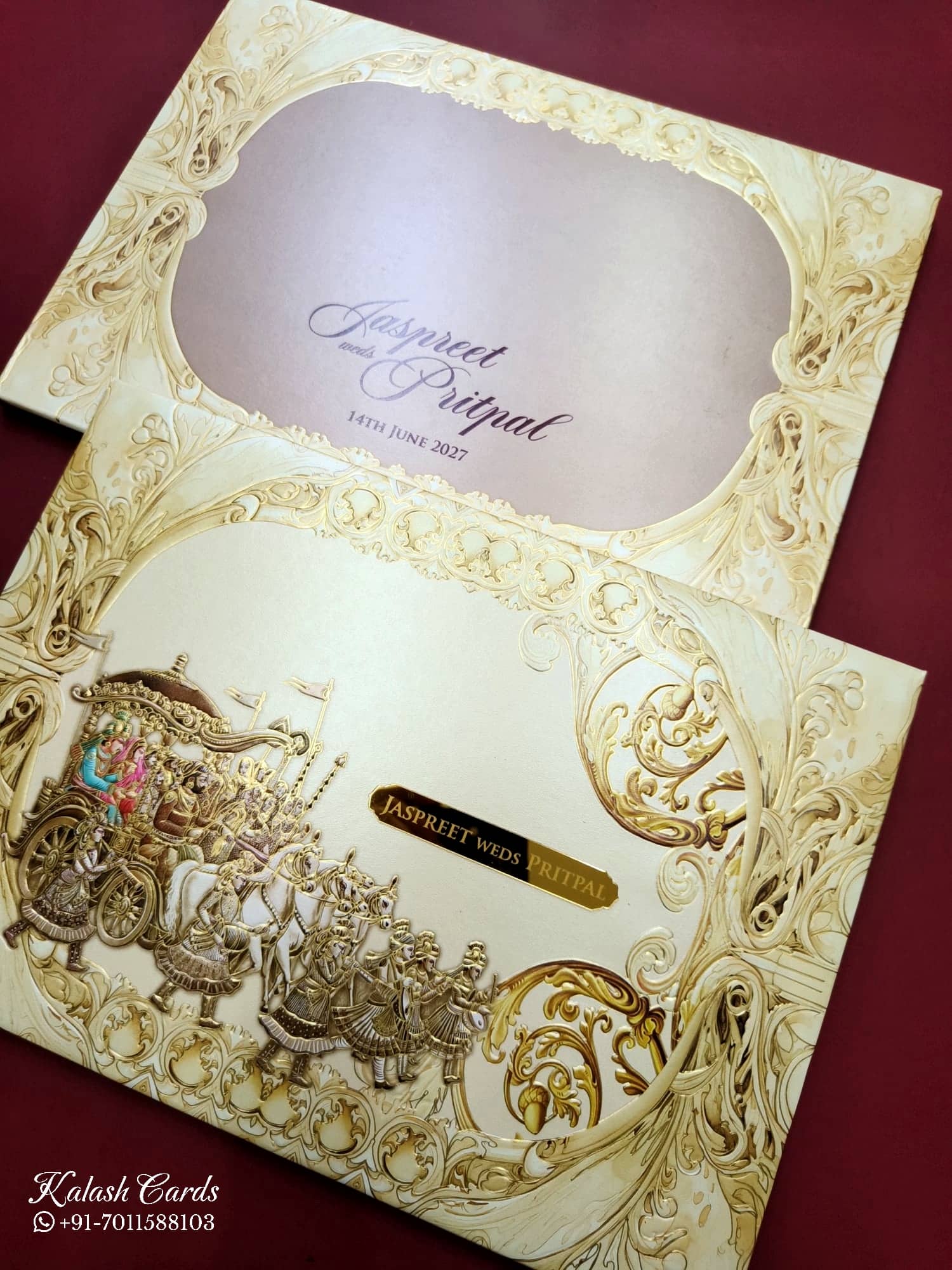 KLB724 Barat Traditional Design Creme Color Embossed Hardboard Padding Thick Wedding Card (2 Page & Couple Name Acrylic)