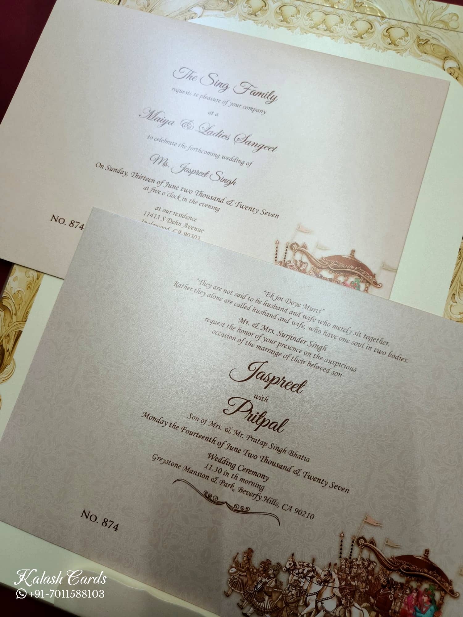 KLB724 Barat Traditional Design Creme Color Embossed Hardboard Padding Thick Wedding Card (2 Page & Couple Name Acrylic)