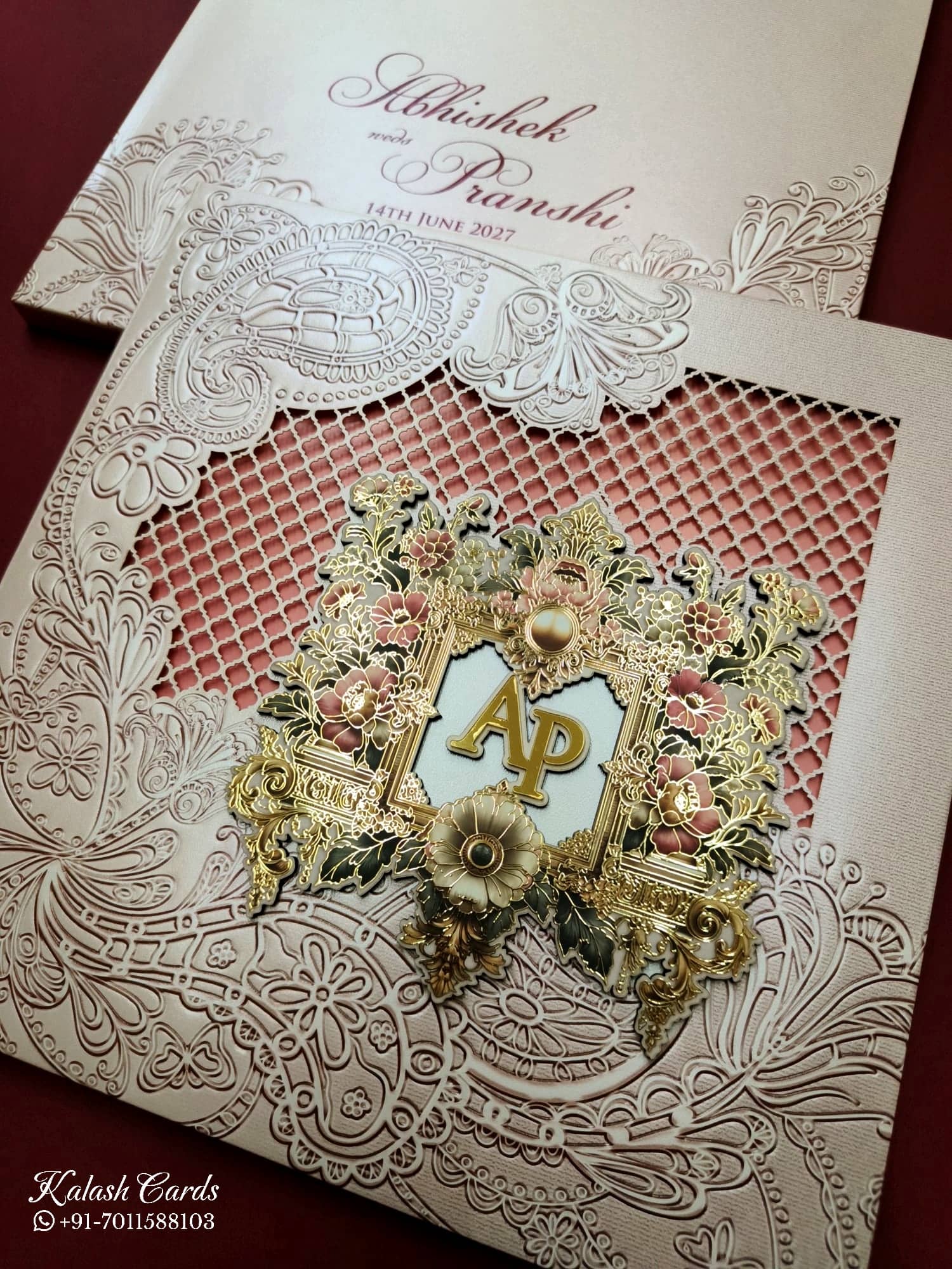 KLB725 Floral Design Peach Color Laser Cut Hardboard Padding Thick Wedding Card (2 Page & Couple Initial Acrylic)