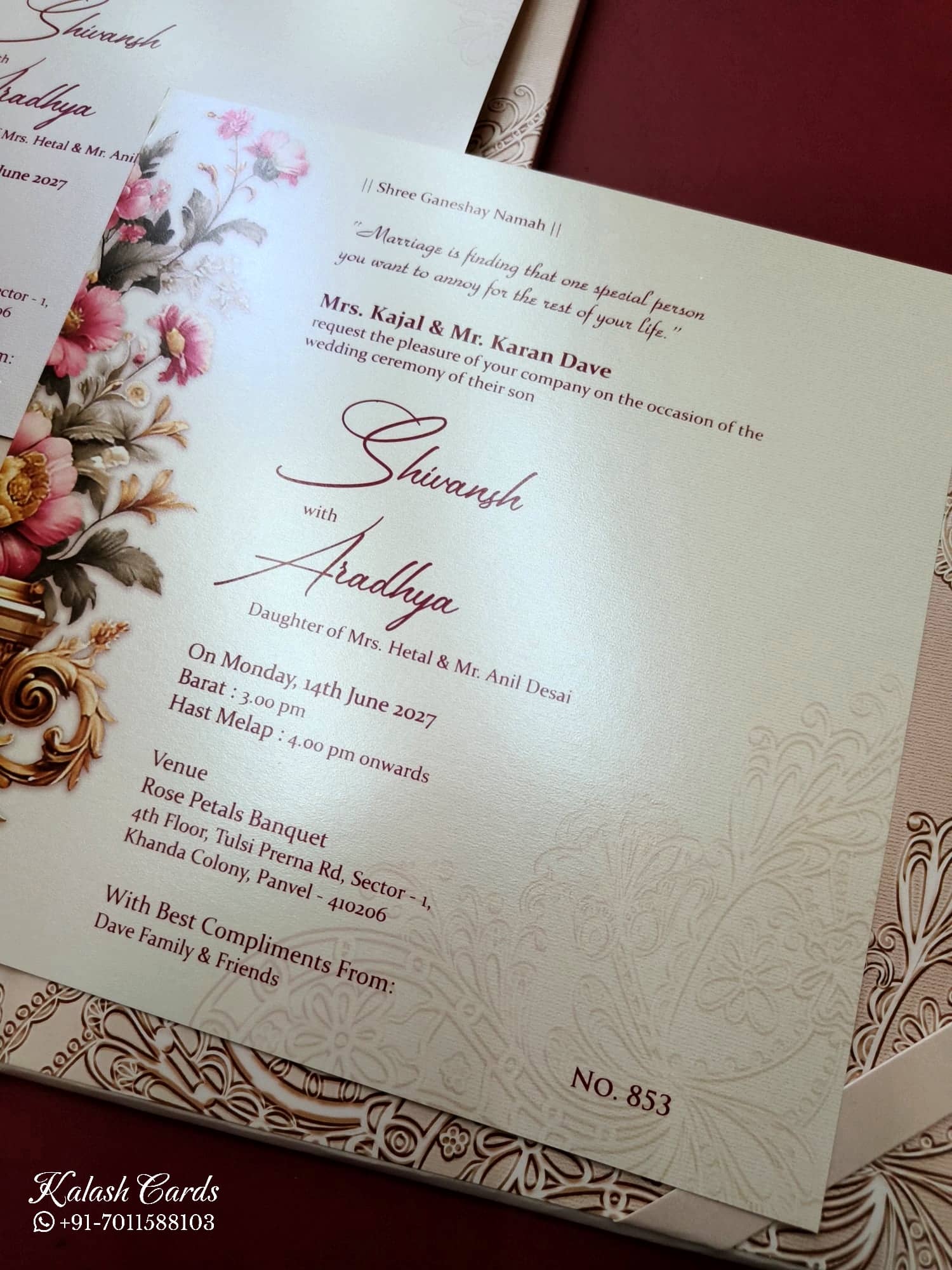 KLB725 Floral Design Peach Color Laser Cut Hardboard Padding Thick Wedding Card (2 Page & Couple Initial Acrylic)