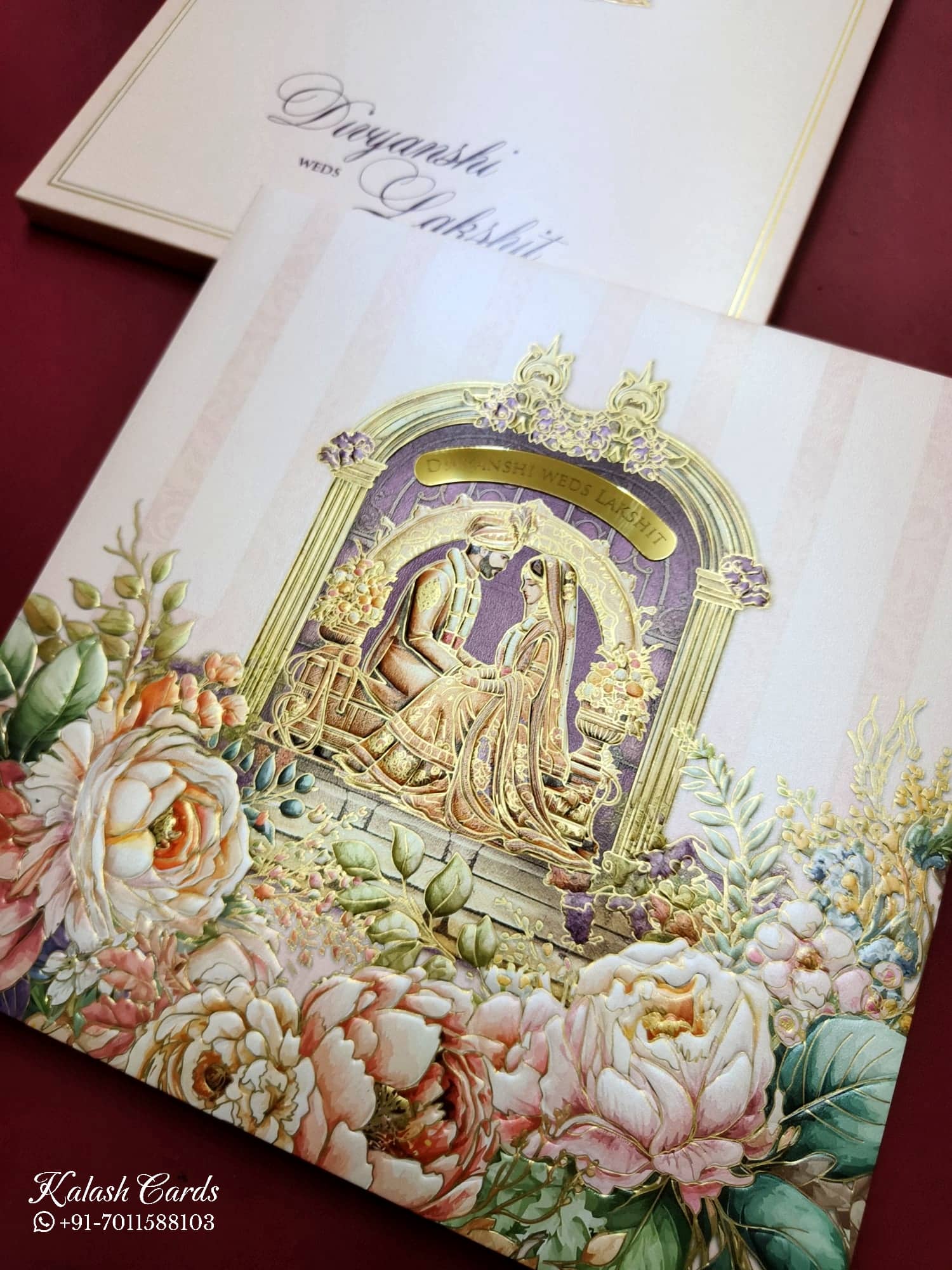 KLB726 Dulha Dulhan Floral Design Pink Color Embossed Hardboard Padding Thick Wedding Card (2 Page & Couple Name Acrylic)