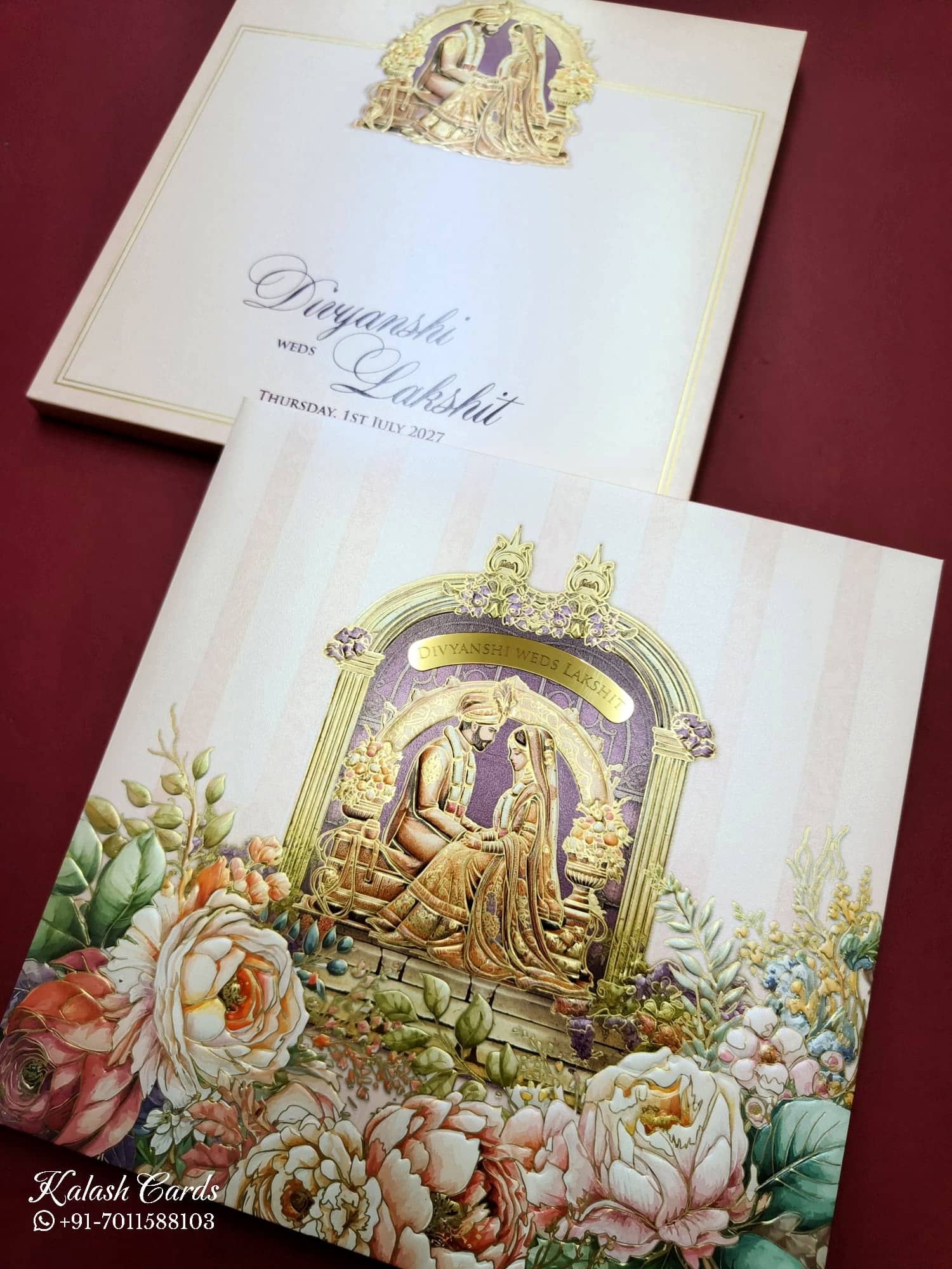 KLB726 Dulha Dulhan Floral Design Pink Color Embossed Hardboard Padding Thick Wedding Card (2 Page & Couple Name Acrylic)